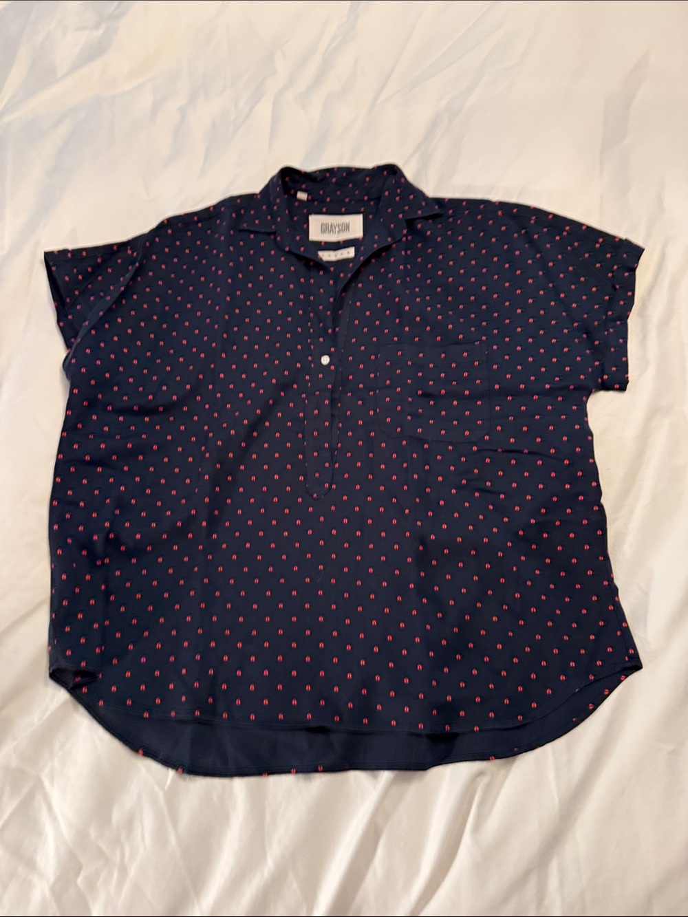 Grayson Navy Short-Sleeve Blouse with Red Ladybug Print